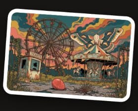 Rare Kid Drop 01 official sticker: abandoned funfair with ferris wheel and carousel