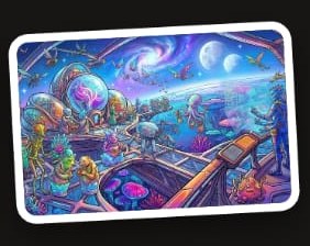 Rare Kid Drop 01 official sticker: cosmic underwater world with planets and sea creatures